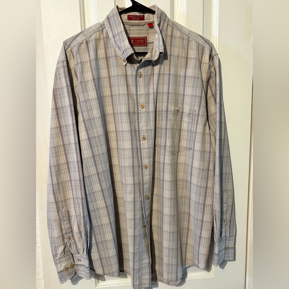 Izod Men's Casual Plaid Shirt - Gray‎ and Tan